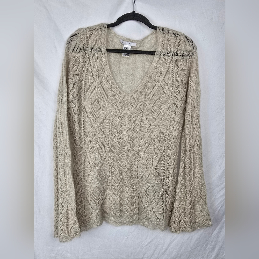 Cabi Open Knit Mohair Beachy V-Neck Neutral Minimalist Sweater Top sz L